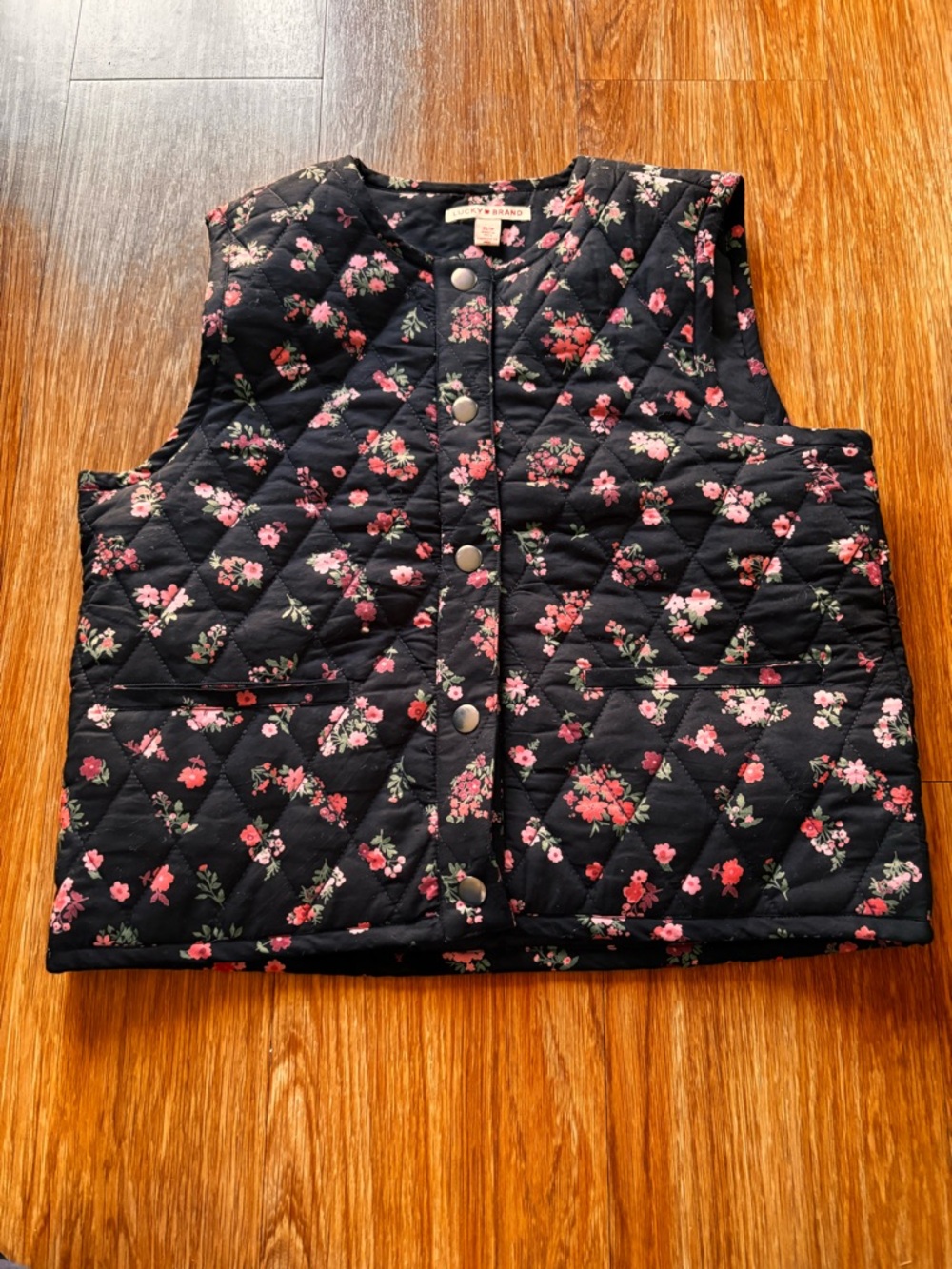Lucky Brand Black Quilted Floral Vest with Pink & Red Flowers